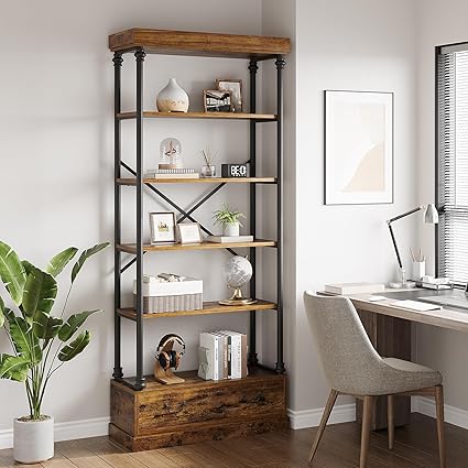 GarveeHome 81.3" Bookshelf with Storage Drawer, Tall Bookcase w/Metal Frame, 5 Tier Vintage Bookshelf Industry Display Storage Shelf for Office Living Room Library Bedroom