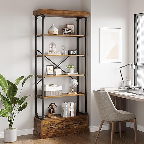 GarveeHome 81.3" Bookshelf with Storage Drawer, Tall Bookcase w/Metal Frame, 5 Tier Vintage Bookshelf Industry Display Storage Shelf for Office Living Room Library Bedroom