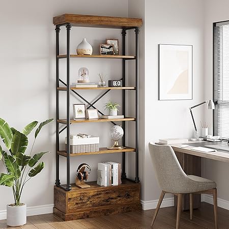 GarveeHome 81.3" Bookshelf with Storage Drawer, Tall Bookcase w/Metal Frame, 5 Tier Vintage Bookshelf Industry Display Storage Shelf for Office Living Room Library Bedroom