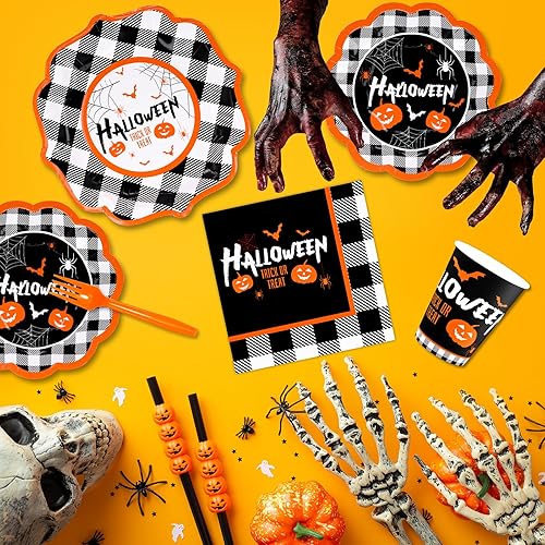 Miniatura 3 de DYLIVeS Kit de suministros para fiesta de Halloween, vajilla desechable de calabaza y murciélagos a cuadros de Halloween, incluye platos de cena,