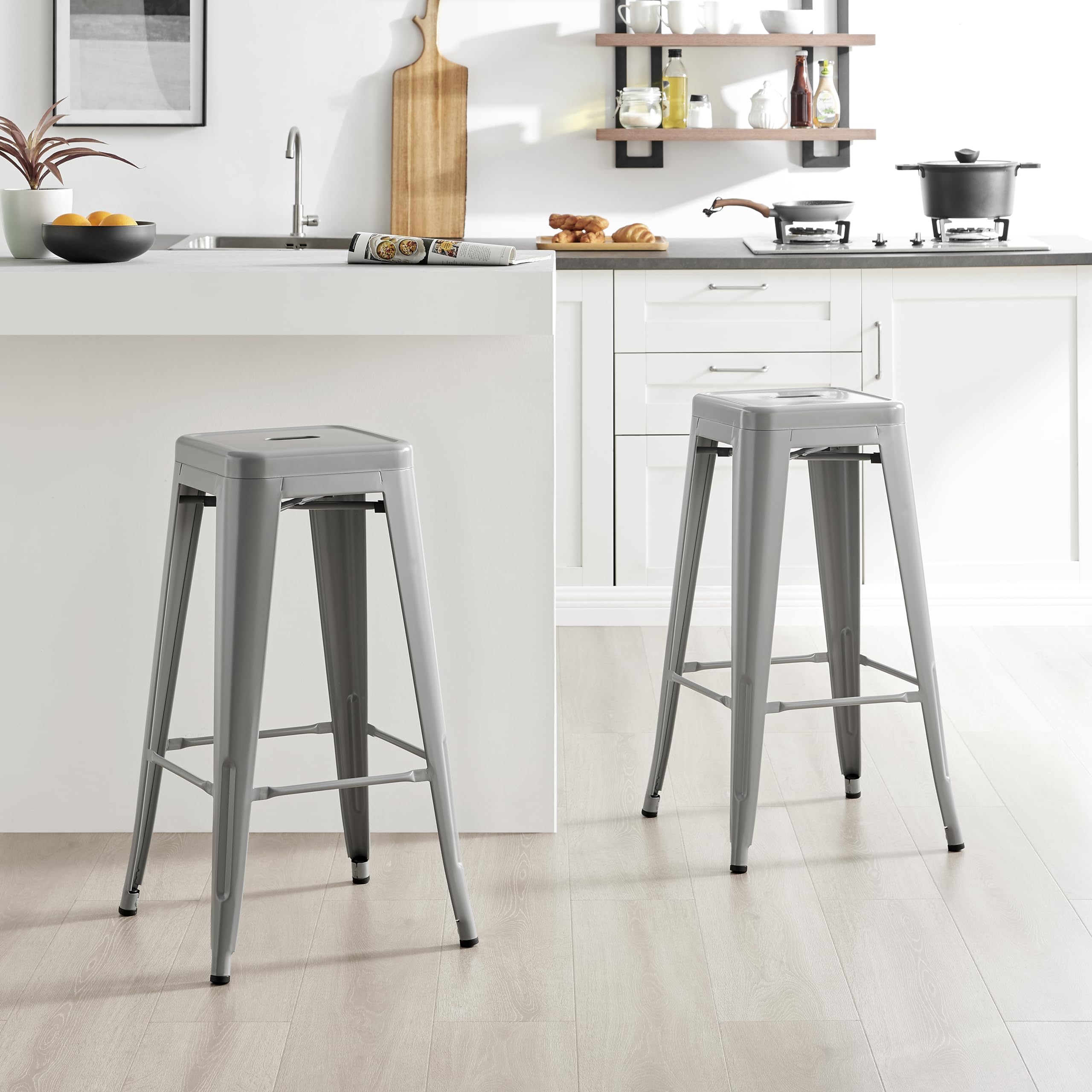 Furniturebox UK Colton 2x Grey Metal Bar Stools for Kitchen Or Dining Room Tolix Inspired Design Steel Powder Coated Stackable Lightweight Mid Century Bistro Cafe Industrial Stool Set of 2