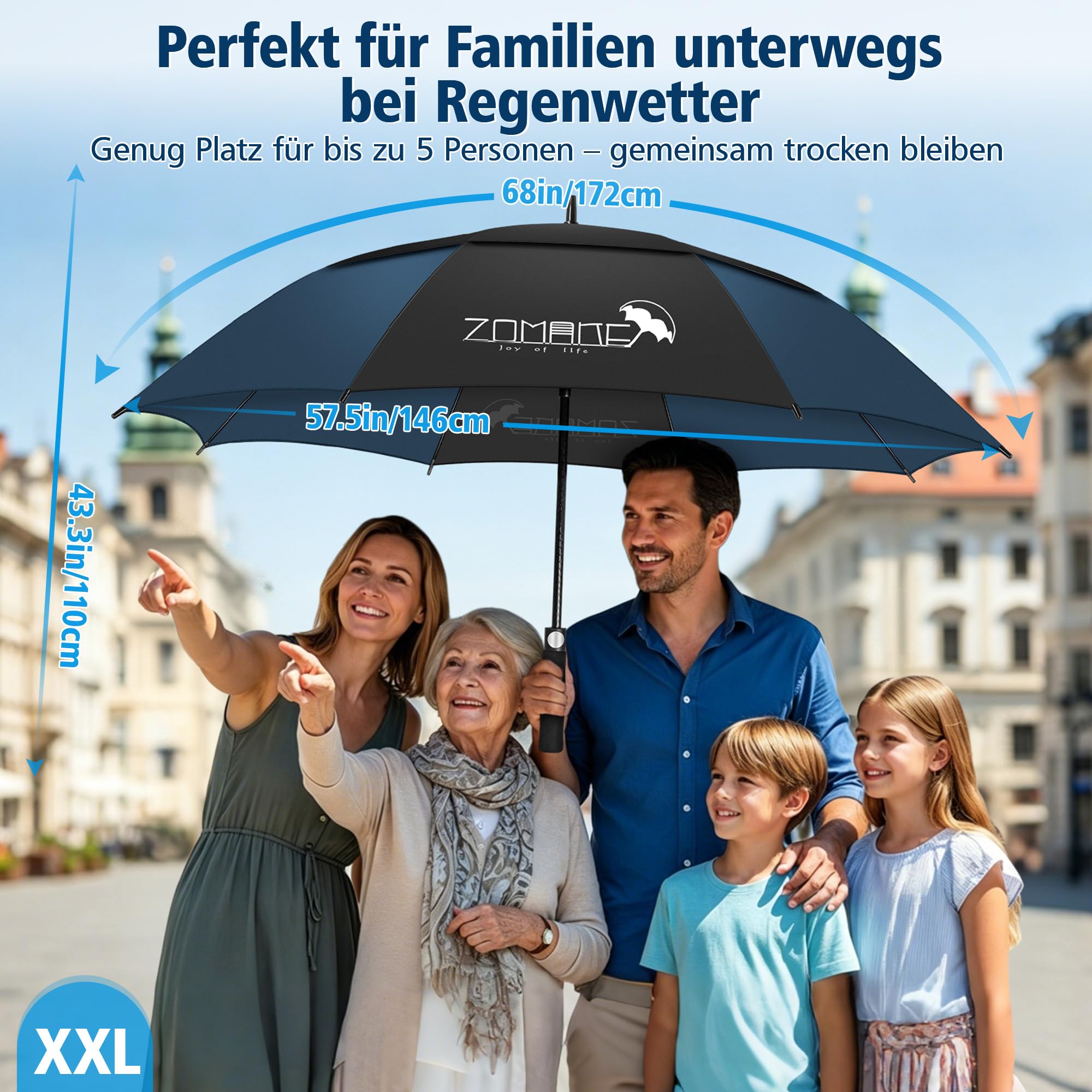 ZOMAKE Regenschirm Groß Sturmfest,XXL/XL Großer Golf Umbrella Sturmfest Automatik,Schirm Windfest Schwarz für 2 Personen,Golfschirm Stabil für Herren Damen Familie