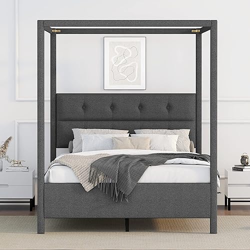 Miniatura 1 de Winwee Upholstery Canopy Platform Bed Canopy Daybed with Upholstered Headboard Wood Bed Frame Play House Bed with Solid Construction for Teens Boys