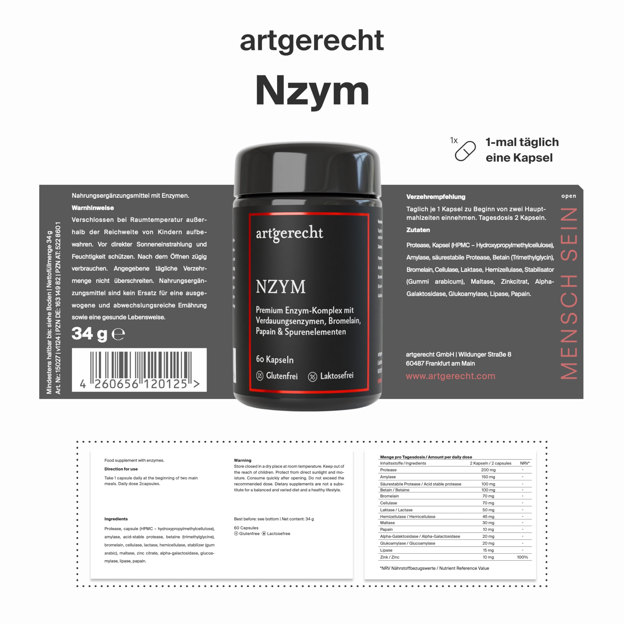 NZYM Verdauungsenzyme Komplex – 60 Kapseln | 16 Enzyme + Zink | Fermentiert, vegan & frei von Zusatzstoffen | Unterstützt Verdauung & Nährstoffaufnahme