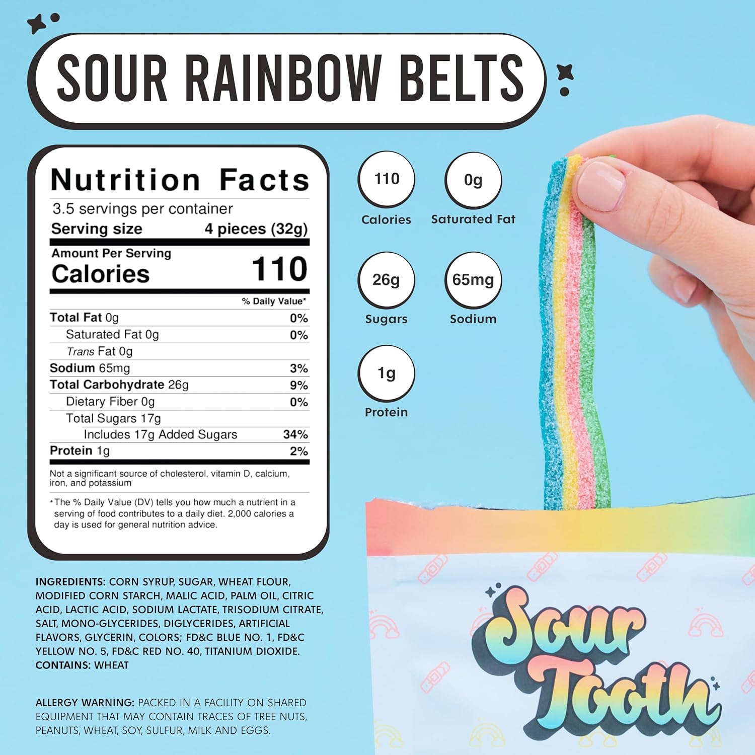 Sour Rainbow Belts, Sour Belts Candy Bulk, Rainbow Flavored Candy Strips, Fresh, Soft and Chewy, Great as Gift Snacks and Parties, 14 Per Bag, 6 Pack, 4 oz