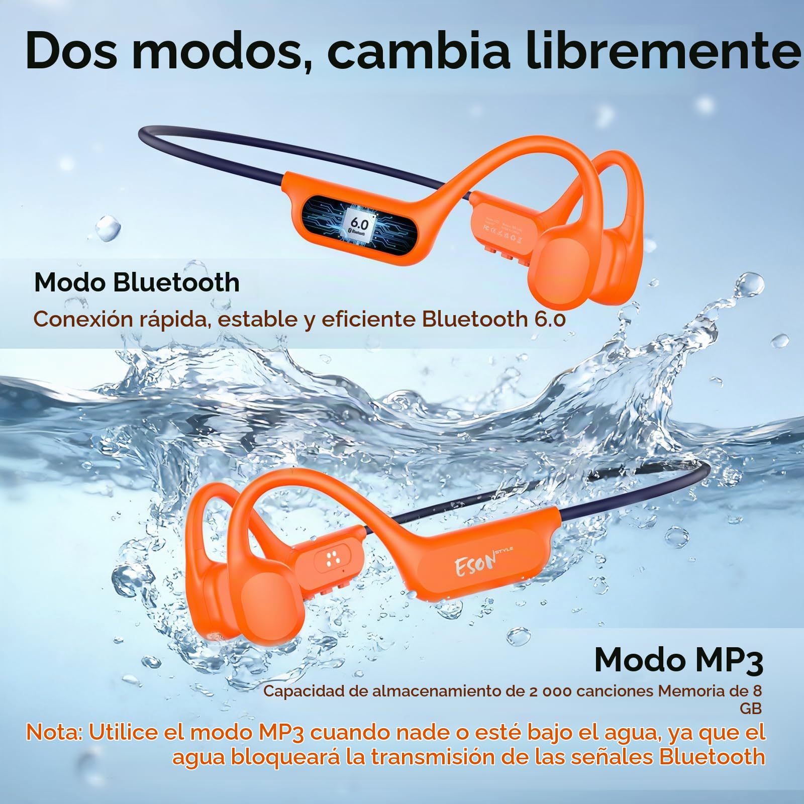 esonstyle Auriculares Conduccion Osea para Natacion - IP68 Auriculares Natación Bluetooth 6.0 Resistente al Agua, Cascos Conduccion Osea con 8G Mp3 para Nadar Correr Ciclismo