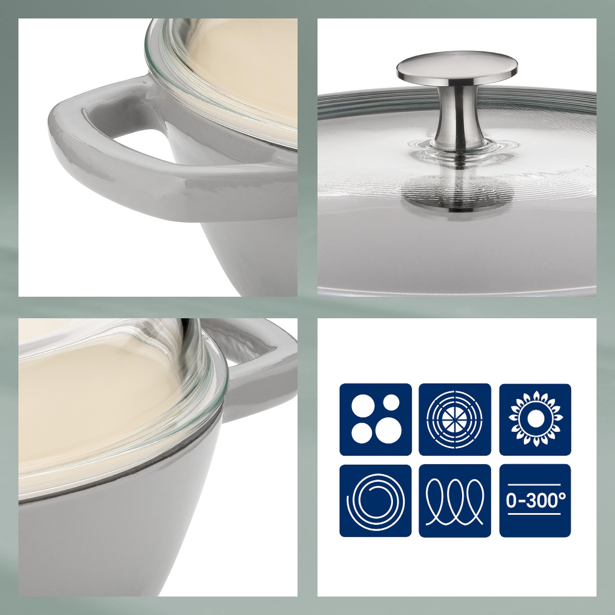 Sartén De Hierro Fundido Kela CALIDO 28 Cm Con Tapa De Cristal - Ideal Para Guisos, Apta Para Inducción Y Horno Hasta 300°C, Color Gris Claro