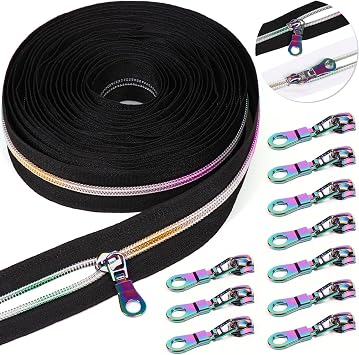 #5 Rainbow Zipper Tape By the Yard with Pulls-6 Yards with 10 Pcs | Colorful Pulls Zippers for Sewing Assorted Lengths, Zippers for Bags and Purses Black Rainbow 6 yard+10 pcs