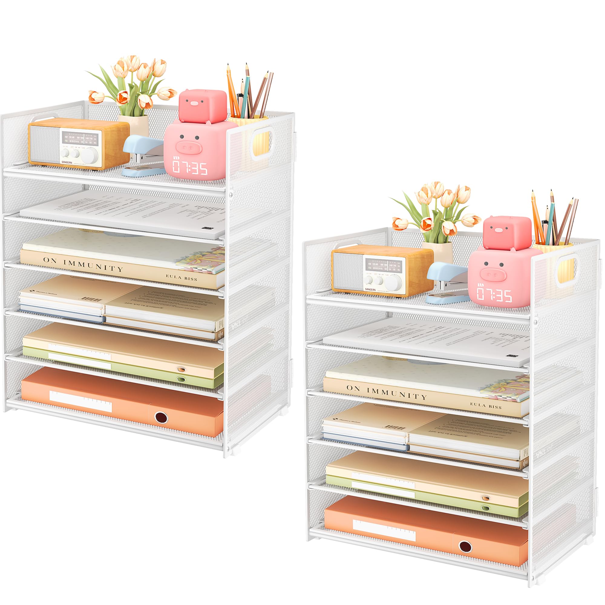 Subekyu Lot de 2 organiseurs de papier de bureau à 6 niveaux, bac à courrier avec poignée, trieur de documents et porte-accessoires pour bureau, maison et école, blanc