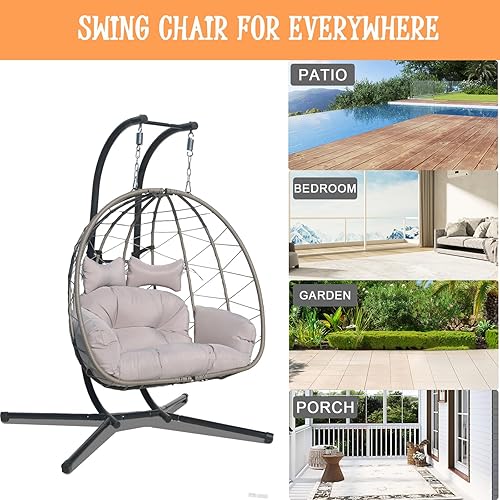 Miniatura 5 de Hamaca doble con forma de huevo, silla de huevo para 2 personas, columpio al aire libre con soporte, silla colgante de mimbre ampliada y ampliada,