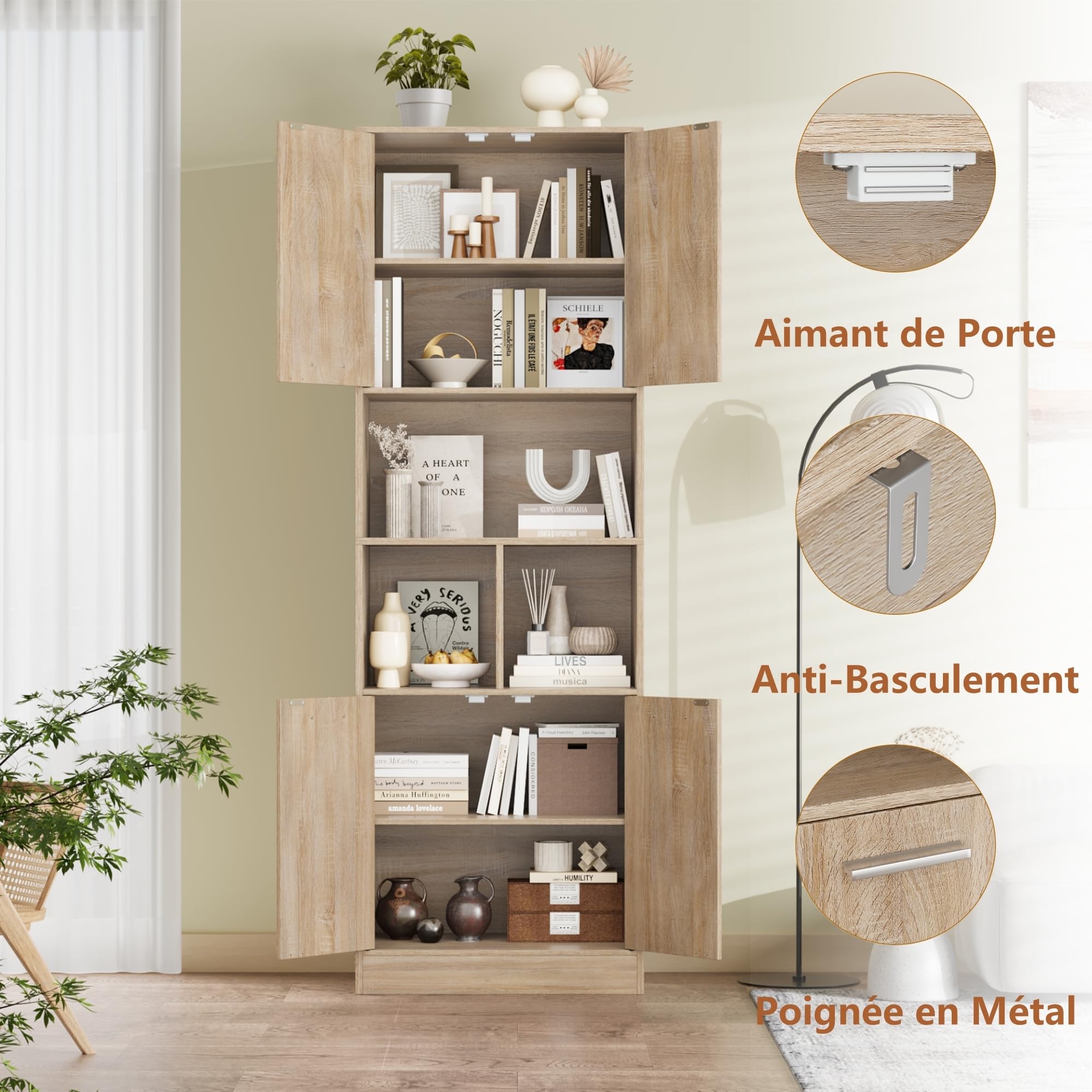 FirFurd Meuble Colonne Salle de Bain 180cm Armoire Haute Rangement Chêne | 4 portes avec étagère réglable et ouverte | 60x40x180.5cm | Base surélevée | Poignées pratiques | Pour salon et cuisine