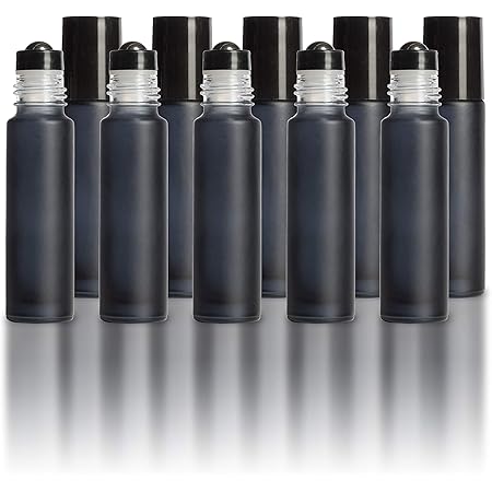 Your Oil Tools 10ml Black Frosted Glass Roller Bottles with Stainless Leak Guard Rollers & Black Caps