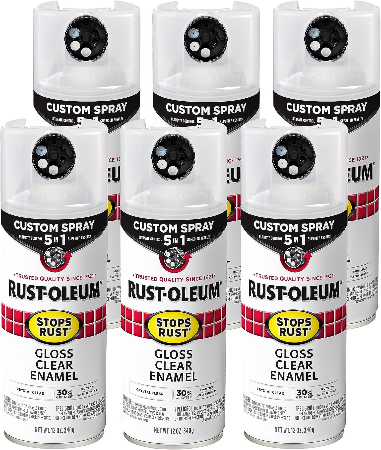 Rust-Oleum 376885-6PK Stops Rust Custom Spray 5-in-1 Spray Paint, 12 oz, Gloss Clear, 6 Pack
