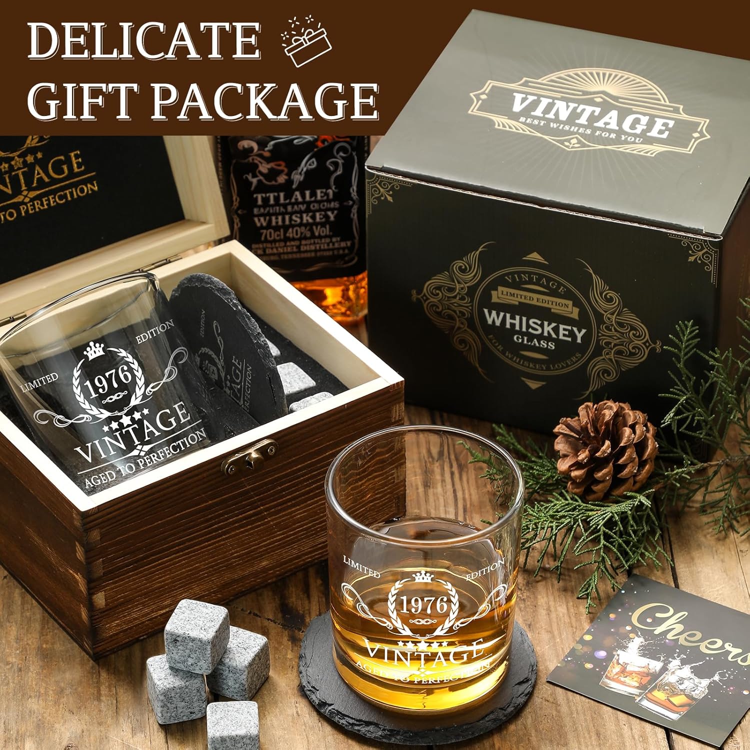 50th Birthday Gifts for Men Whiskey Glass Set - 50th Birthday Decorations, Party Supplies - 50 Year Anniversary, Bday Gifts Ideas for Him, Dad, Husband, Friends - Wood Box & Whiskey Stones & Coaster - Image 4