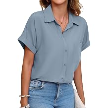 Poplab Womens Button Down Shirts Short Sleeve Work Blouse Casual Collared Office Shirt with Pocket