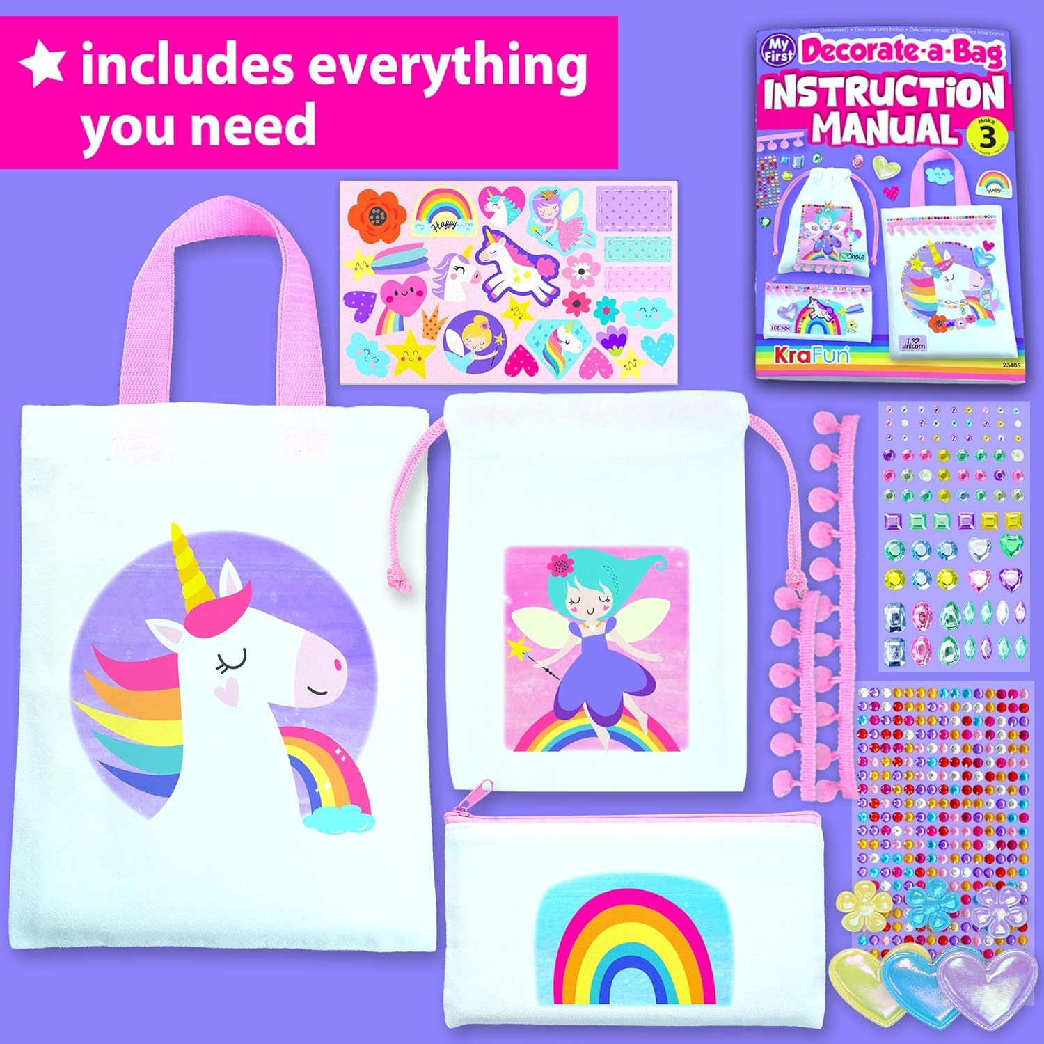 KRAFUN DIY Bag Decorating Kit for Girls - Create 3 Custom Unicorn & Fairy Bags - No-Sew Mess-Free Crafts with Stickers & Gems - Fashion Art Activity Gift for Kids Ages 5-10