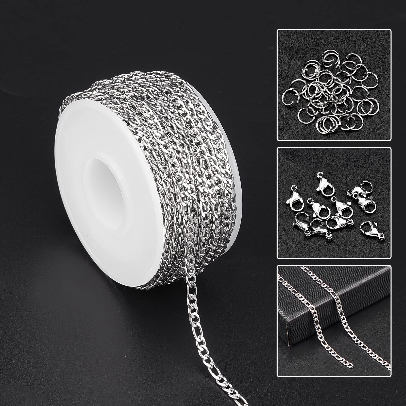SUNNYCLUE DIY 10M 32.8 Feet 3MM Silver Chain Roll Figaro Chains Necklace Chain Stainless Steel Cable Long Craft Link Chain Bulk for Jewellery Making Chains Necklaces Bracelets Crafting Supplies - Image 3