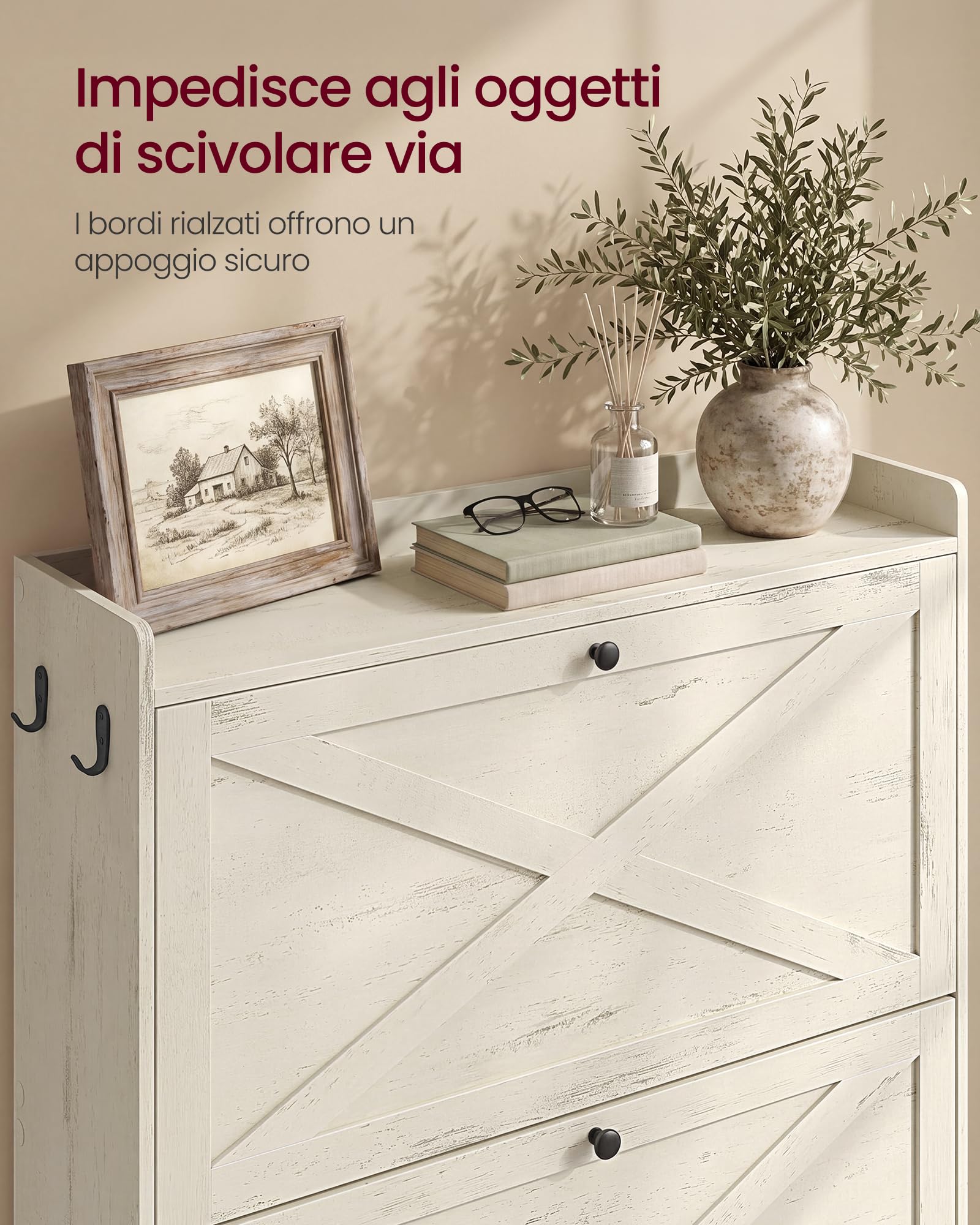 VASAGLE Scarpiera, Mobile Porta Scarpe Salvaspazio con 2 Cassetti a Ribalta e Ganci, 83 x 24 x 102,2 cm, per Ingresso, Stile Rustico, Bianco Nuvola, Collezione HAINS HSC203WJ01