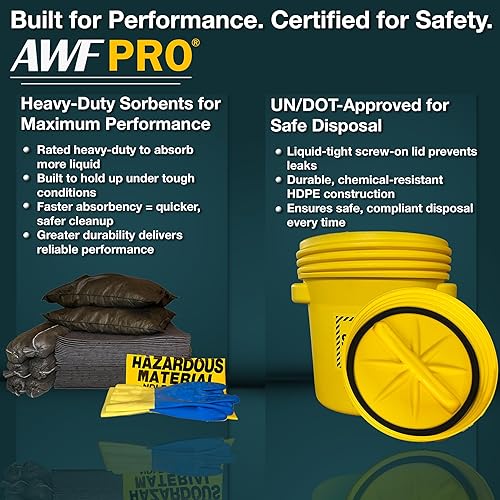 Miniatura 2 de AWF PRO Kit universal de derrames de 20 galones, 59 piezas  Tambor aprobado por DOT de 20 galones, calcetines, almohadillas y almohadas, y accesorios