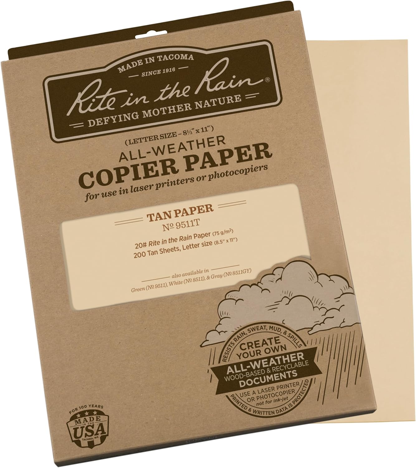 Rite In The Rain Weatherproof Copier Paper, 8.5" x 11", 20# Tan, 200 Sheet Pack (No. 9511T)