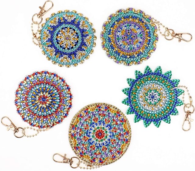 VETPW 5 Pcs DIY 5D Mandala Flower Diamond Art Painting Keychain Kit, Double Sided Full Drill Diamond Rhinestone Painting Key Chains Pendant for Women Purse Backpack Handbag Accessories Decor