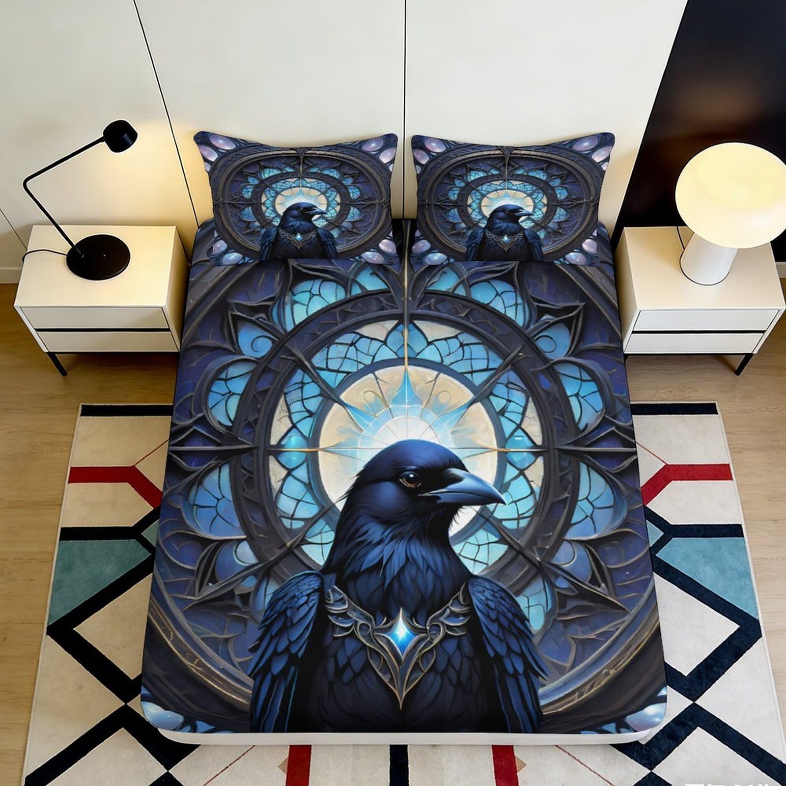 3D Printed Raven Mandala Fitted Sheet Microfiber Blue Gothic Art Bed Cover for Bedroom Guest Room Mattress Decor 90x200x25cm