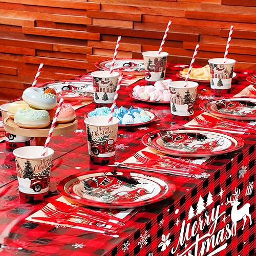Miniatura 3 de Juego de vajilla desechable de 194 piezas, diseño de camión rojo de Navidad, suministros de fiesta de Feliz Navidad, incluye platos de camión rojo,