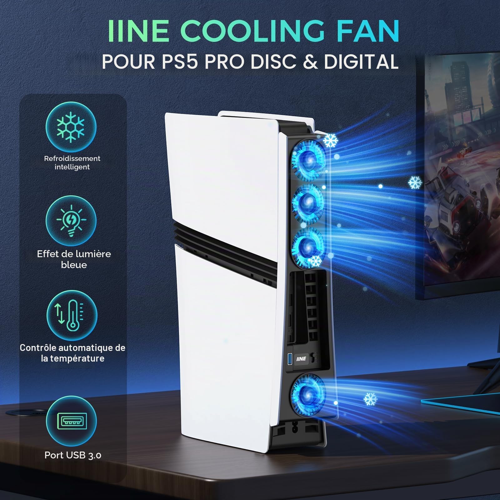 Ventilateur de refroidissement pour PS5 Pro, ventilateur de refroidissement efficace avec vitesse réglable/lumière LED, accessoires de refroidissement à température contrôlée PS5 PRO avec port USB 3.0