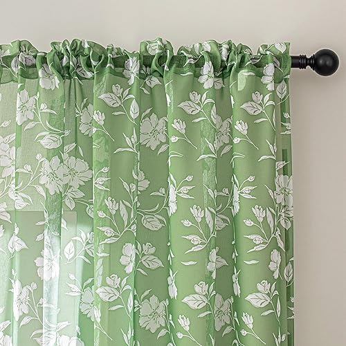 MEETSKY Green Sheer Floral Curtains 72 Inch Length Light Filtering Semi Sheer Curtains for Living Room Bedroom, Rod Pocket Flower Patterned Drapes for Living Room, Set of 2 Panels