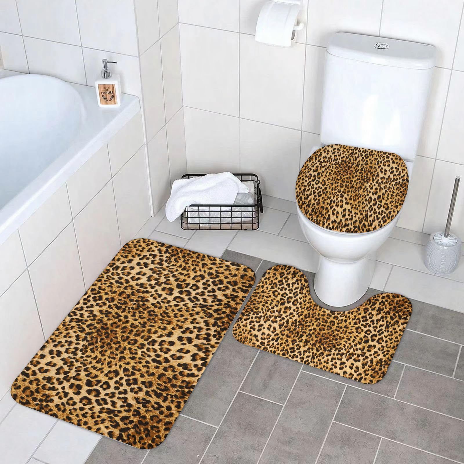Set di 3 tappetini da Bagno, Lavabili in Lavatrice e Antiscivolo, in Morbida Fibra Superfine, con Stampa Animalier, Motivo Leopardo (2 Pezzi)