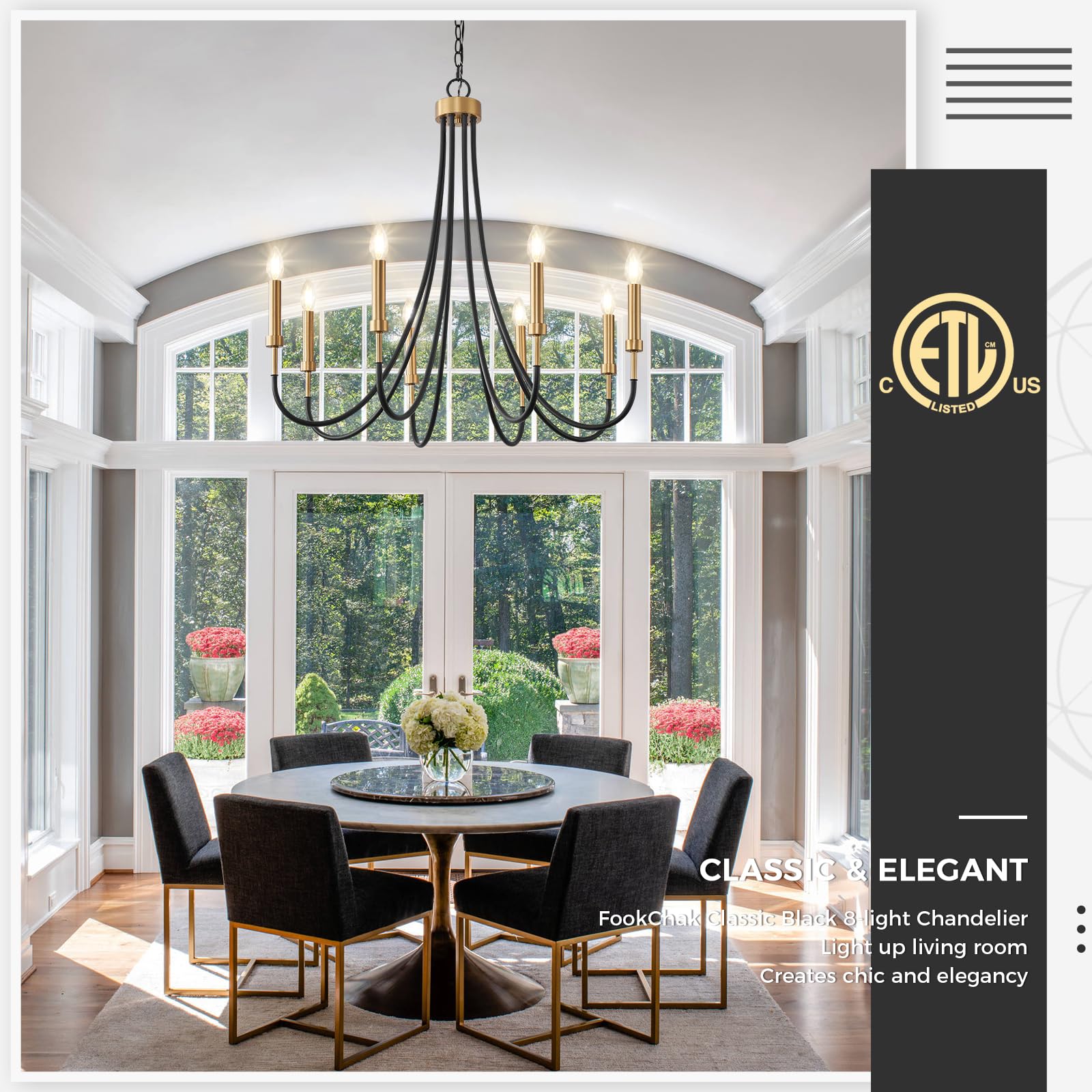 FookChak Black and Gold Chandelier 8-Light Dining Room Chandelier Over ...
