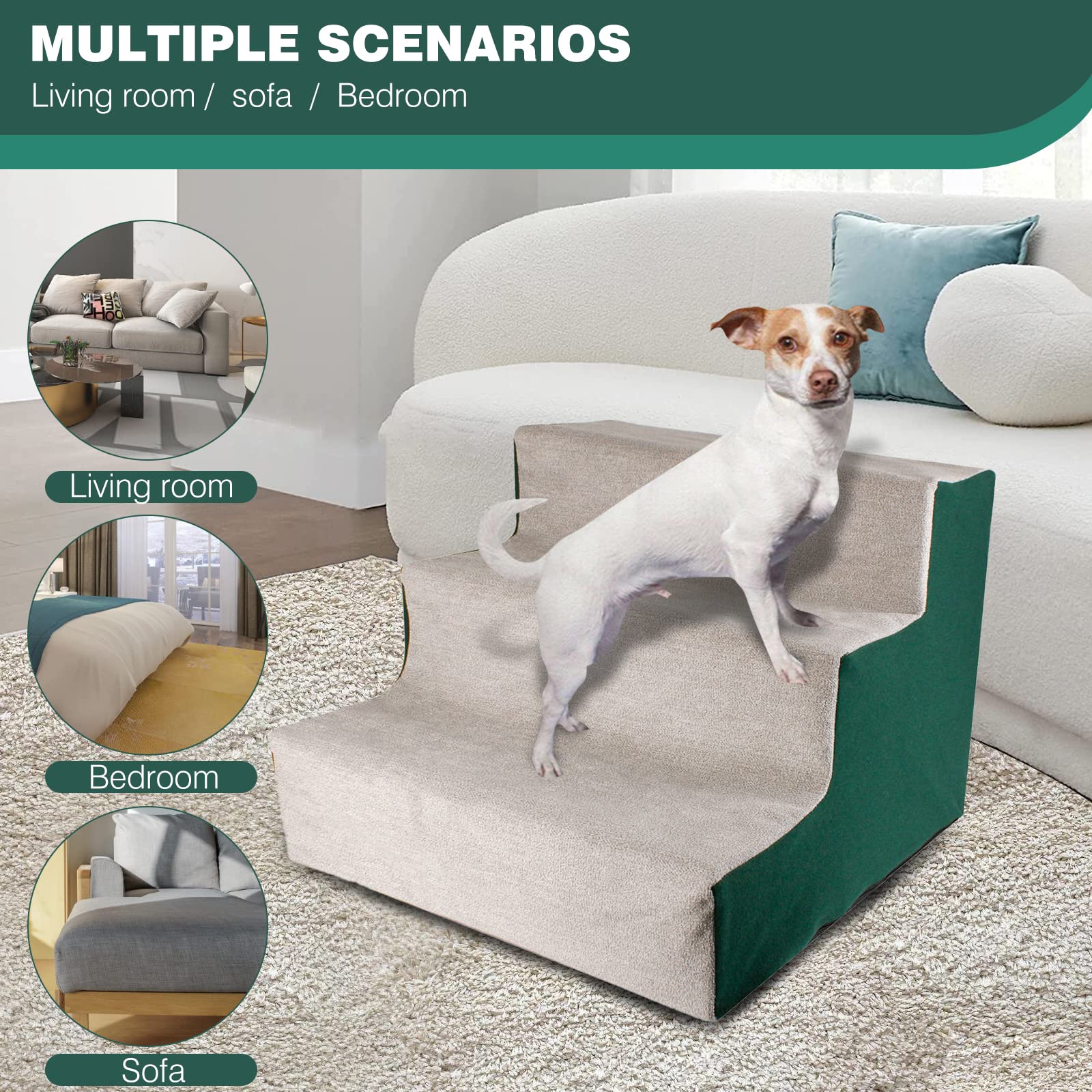 PETCUTE Scaletta per Cani e Gatti,Scala per Animali Scala per Gatti,antiscivolo,Rampe per Cani,3 Gradini Scale per Animali Domestici con Rivestimento in Peluche Lavabile,Fino a 20lb Verde