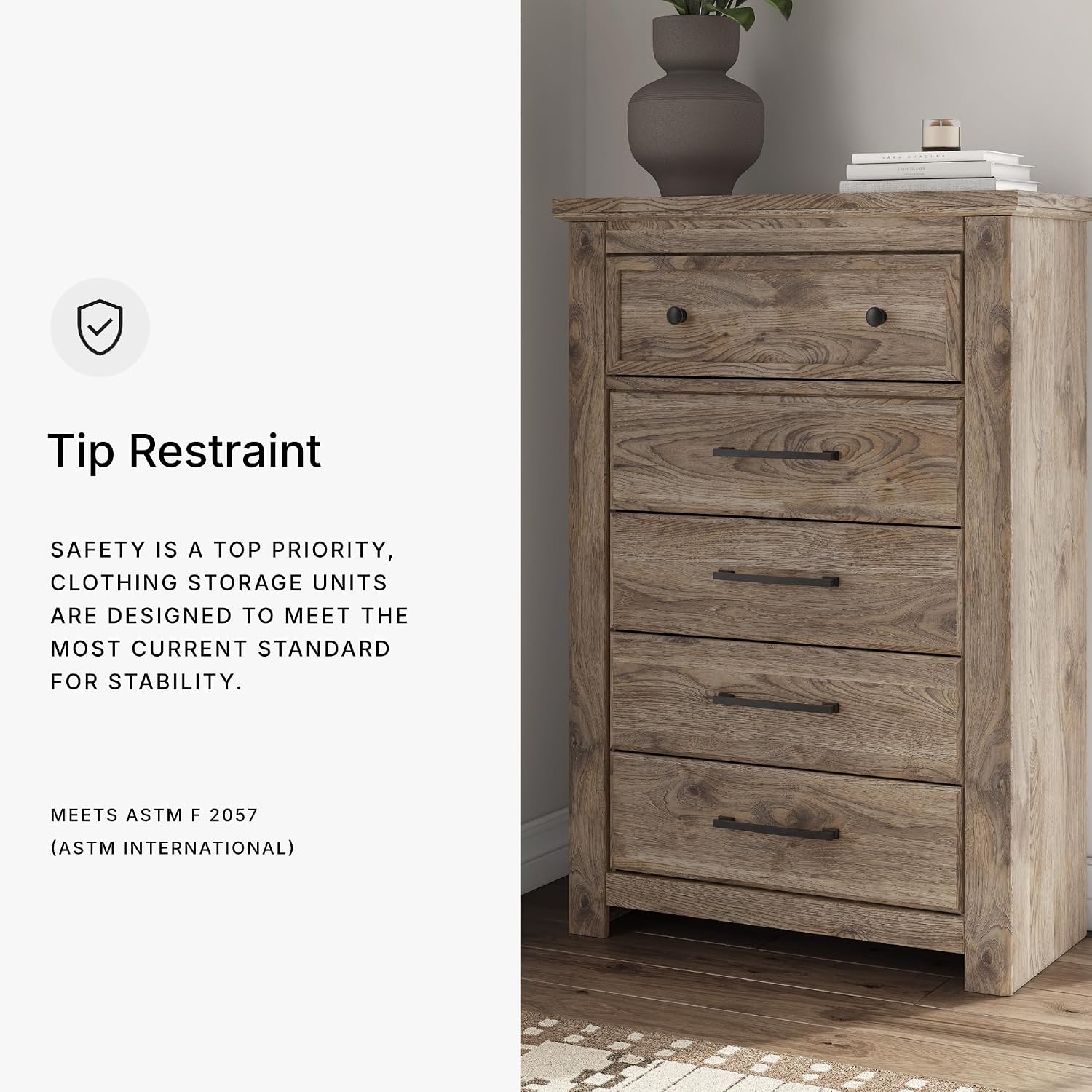 Signature Design by Ashley Stanziford Casual 5-Drawer Chest with Wood Finish, Dark Brown