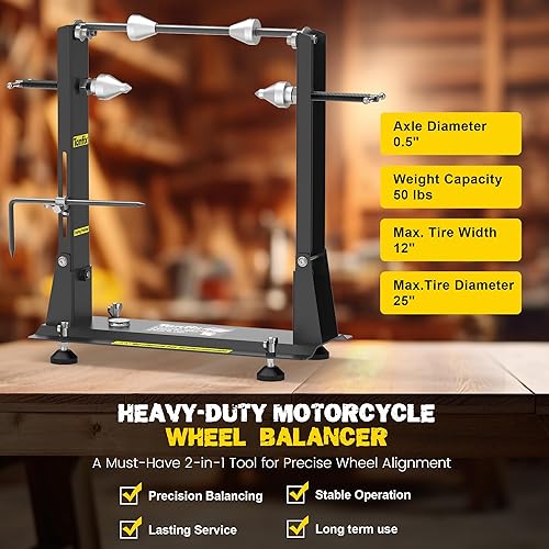 Miniatura 7 de Tanfix Equilibrador de rueda de motocicleta plegable y soporte Truing, herramientas 2 en 1 resistentes, soporte equilibrador de neumáticos con conos