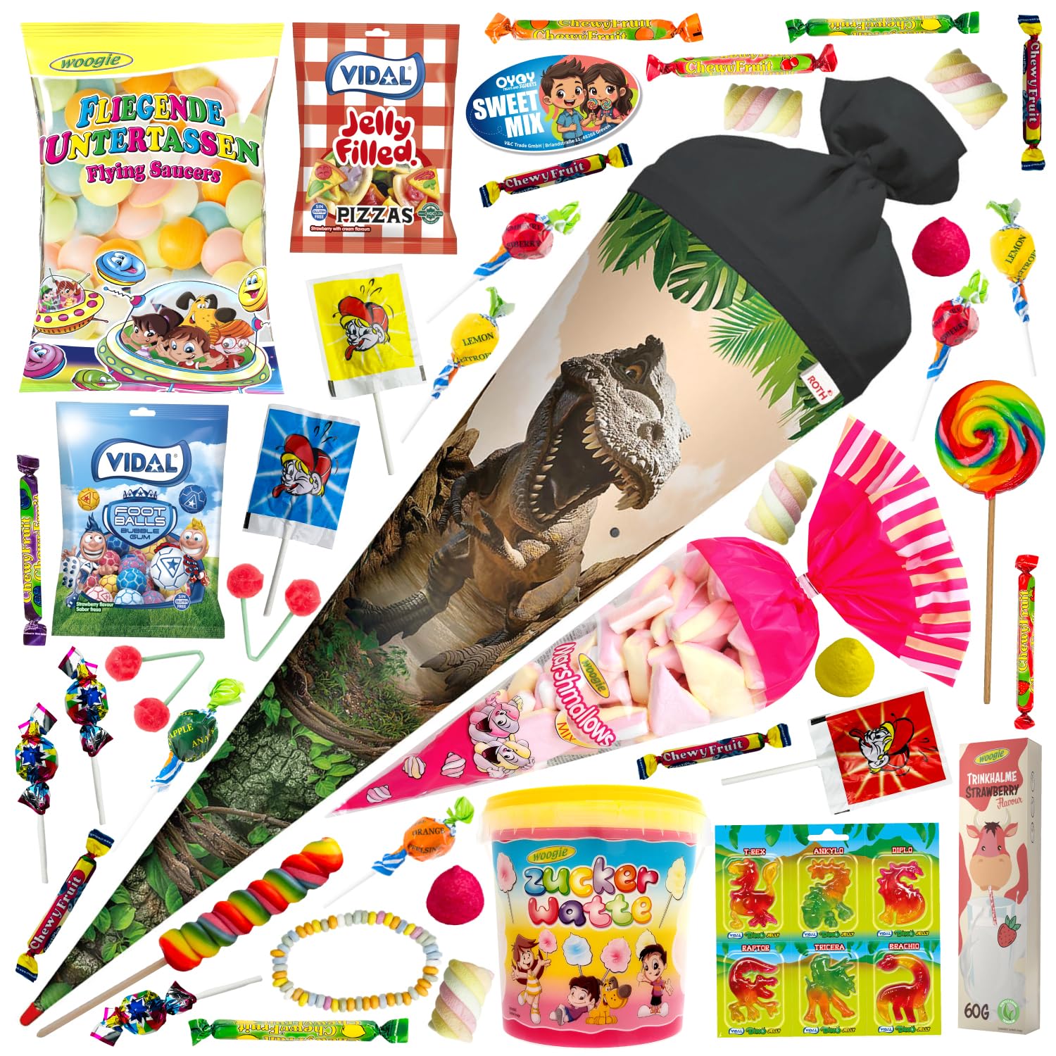 OYOY 70cm Schultüte gefüllt mit 1,010g Süßigkeiten Mix I ROTH Dino Zuckertüte I Einschulung Junge I fertig gefüllt I groß I mit riesen Lutscher und Dino Jellies für Jungs