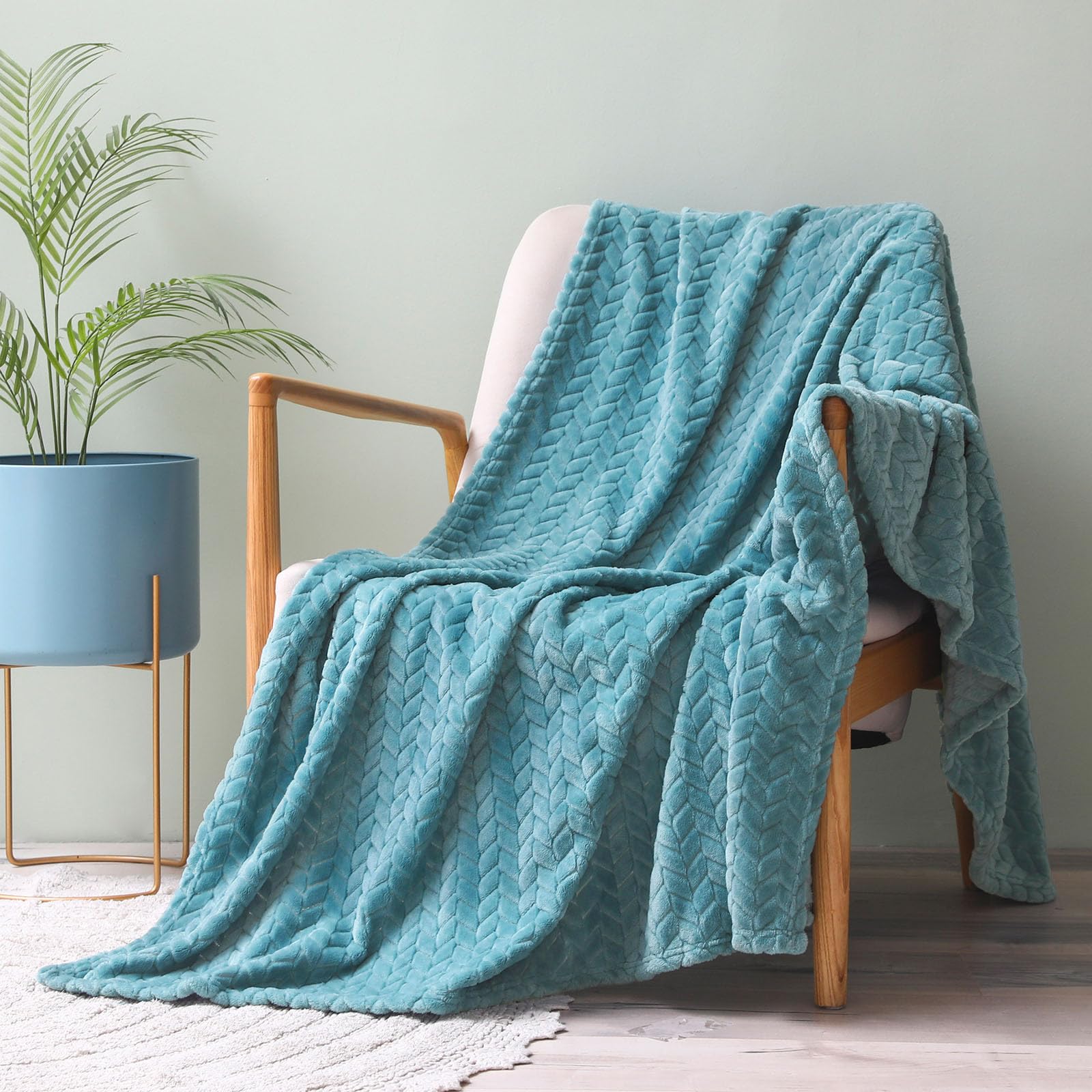 Exclusivo Mezcla Coperta Plaid Pile di Flanella per Divano, 130x170 CM Coperta Letto Singolo con Modello a Foglie, Morbida e Calda, Blu ardesia