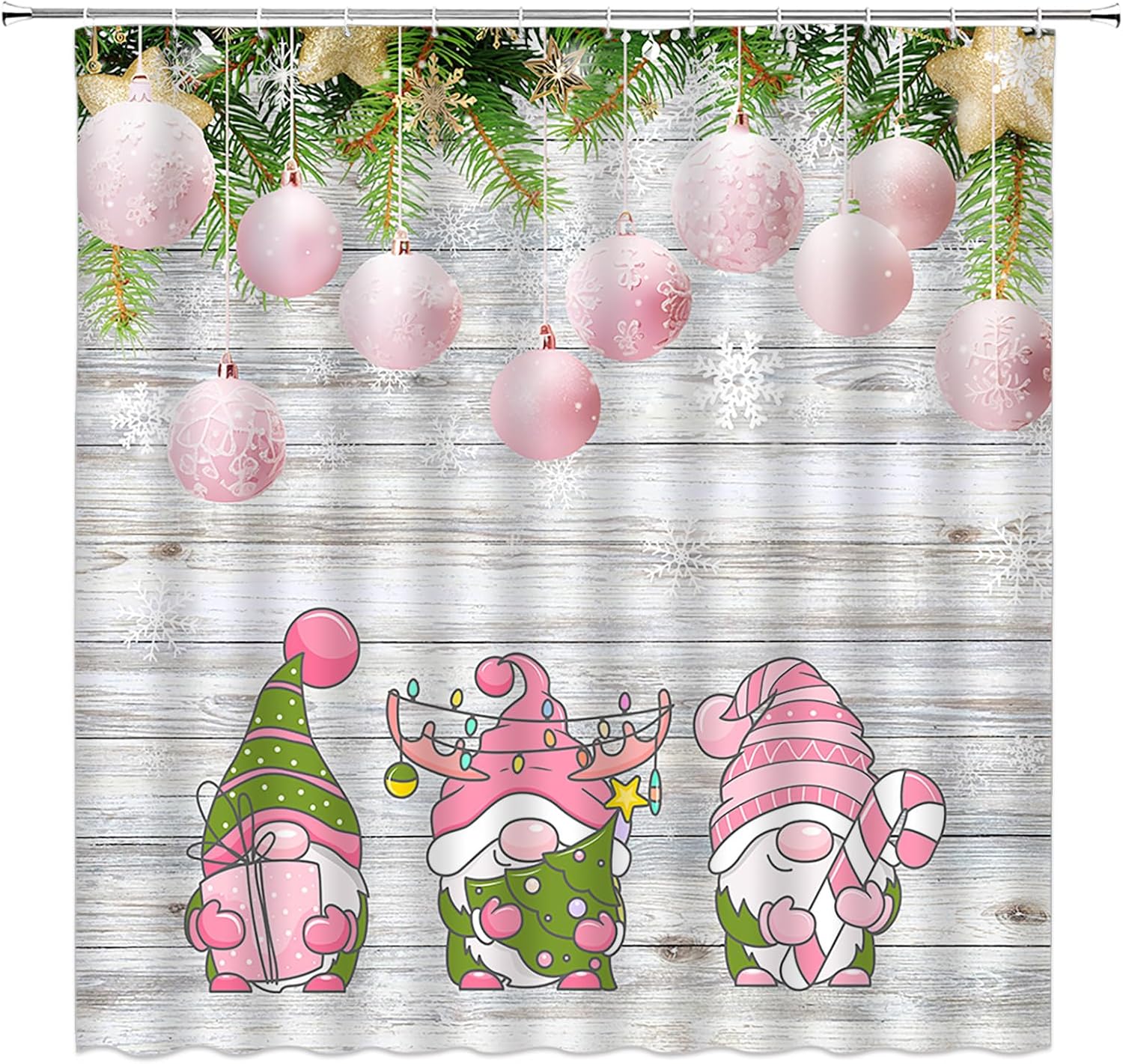 Christmas Tree Shower Curtain Purple Xmas Ball Green Pine Leaf Winter Holiday Happy New Year Fabric Bathroom Curtain Set with Hooks(74.8" Wx70 H)