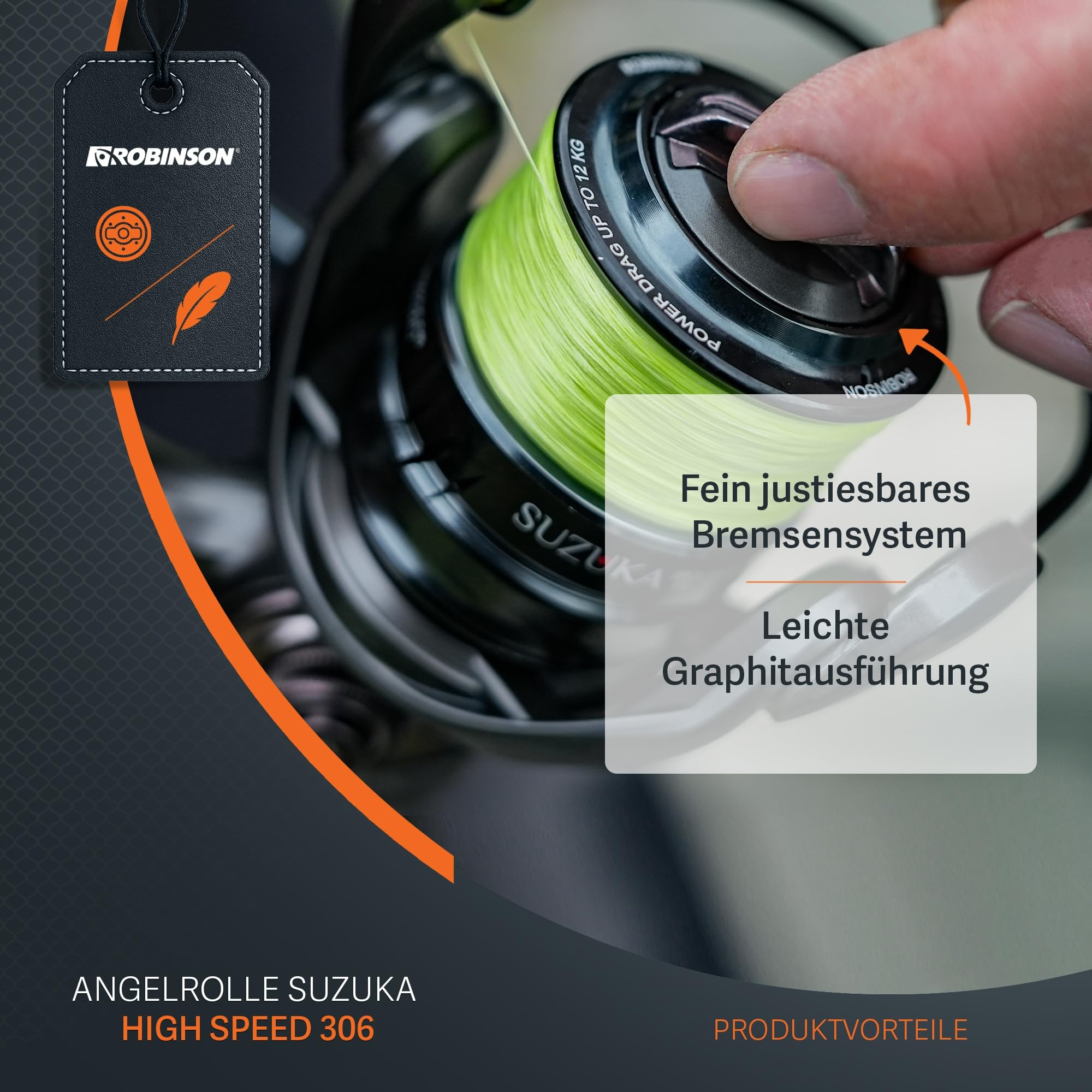 Robinson Angelrolle - High Speed Getriebe - Übersetzung 6.2:1 - Frontbremse – Graphitzweitspule - Duraluminium-Spule - 6 Kugellager - Suzuka HS