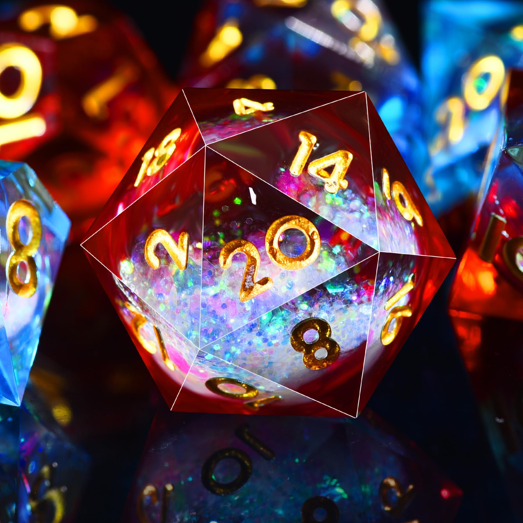AUSTOR Liquid Core Resin DND Dice Sharp Edge Polyhedral Dice 7-Die DND Dice Set Quicksand Handmade Resin Dice for Dungeons and Dragons RPG MTG Table Games, Flame Red & Ice Blue