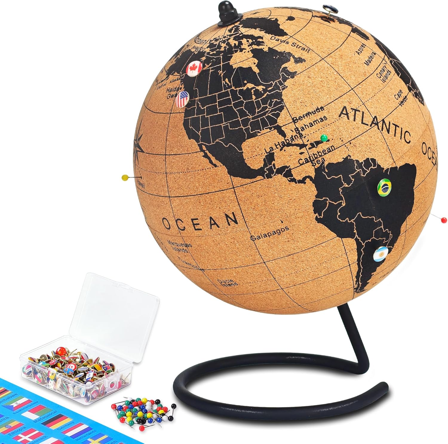 7" Cork Globe with 100 National Flag Pins & 50 Colored Push Pins – World Map with Rotating Stand – Pin Board for Travel Tracking, Home or Office Decor – Gift for Couples & Families(DH-DQY-180)
