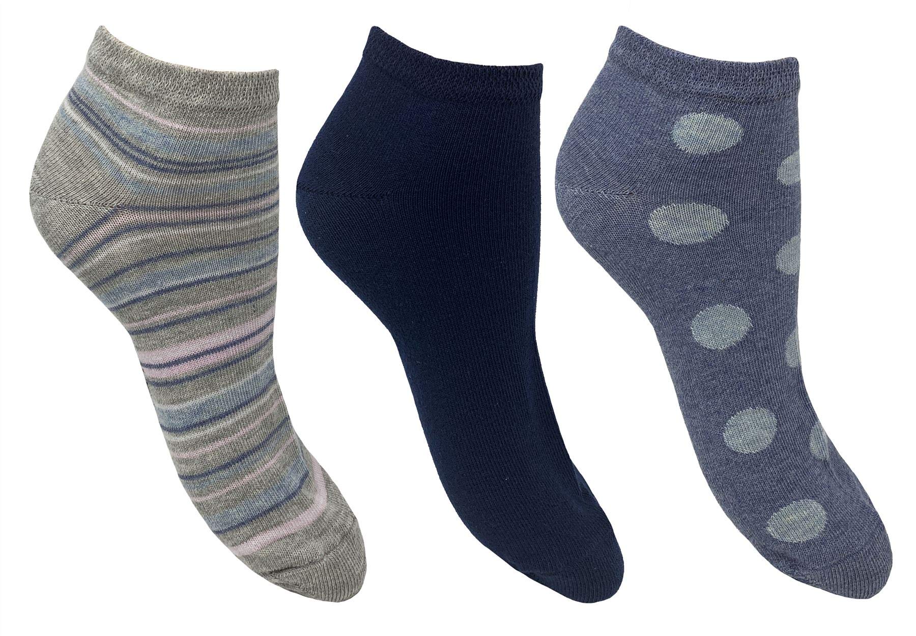 Flexitop Women's Navy Spot/Stripe Design Trainer Liners Socks | 3 Pairs | U.k. Size 4-7| Mix Trainer Liner Socks, Soft Hold, Comfort Socks, Gentle Grip Socks, Sport Socks