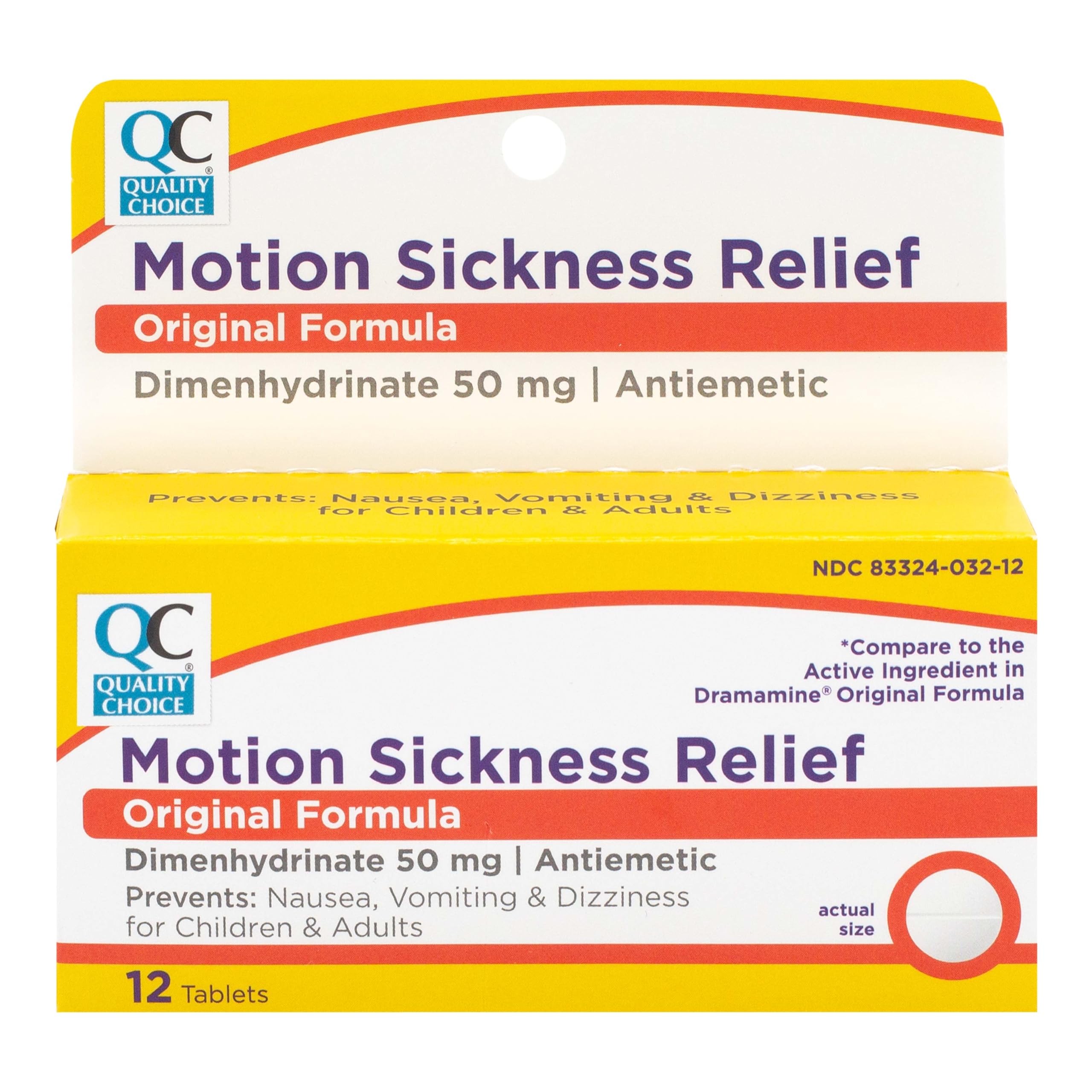 Quality Choice, Motion Sickness Relief, Prevents and Relieves Nausea, Dizziness & Vomiting, Original Formula Dimenhydrinate 50mg an Antiemetic, 12 Tablets Per Box, Car Sick, Seasickness Nausea Relief