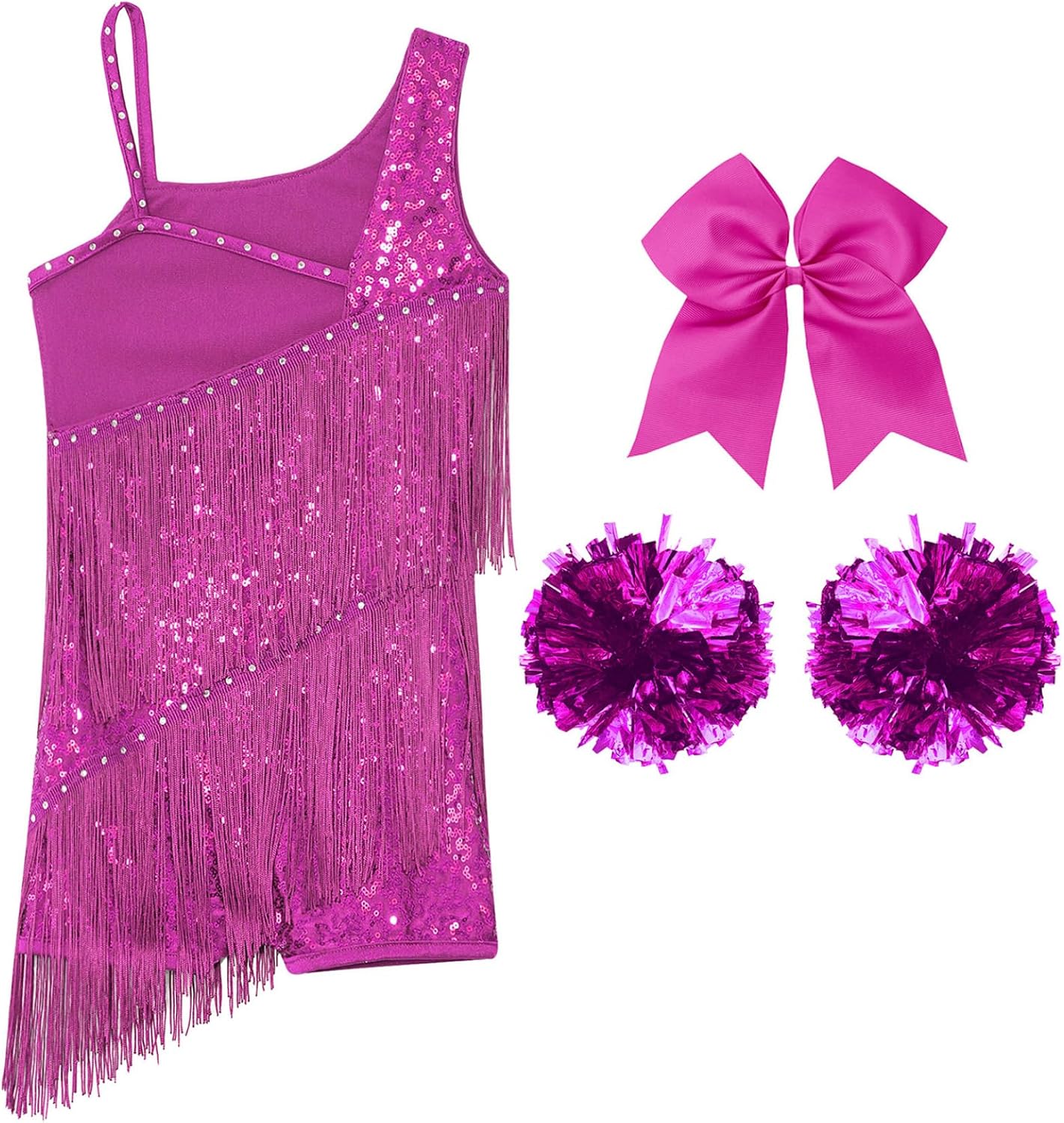 Girls Shiny Latin Ballet Dress with Bowknot Pompoms Salsa Tango Dance Irregular Fringe Dress Disco Ballroom Show