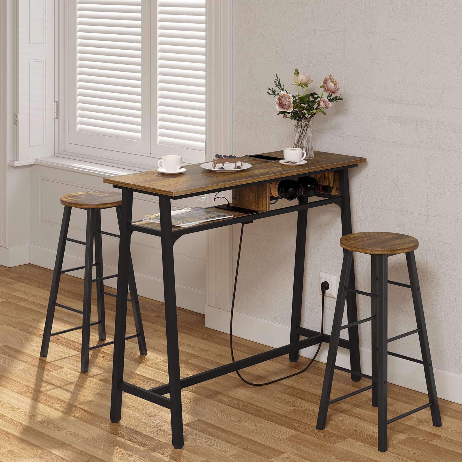 Tavolo Da Bar Quadrato WOLTU Con 3 Ripiani - Nero, 60x60x112cm, Per Cucina E Soggiorno