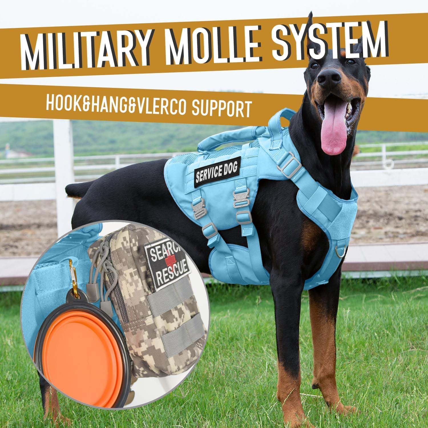 Service Dog Vest for Large Dogs, Blue Tactical Harness with Military MOLLE, Breathable Mesh & 39g Metal Buckle - Size L for Training & Hiking