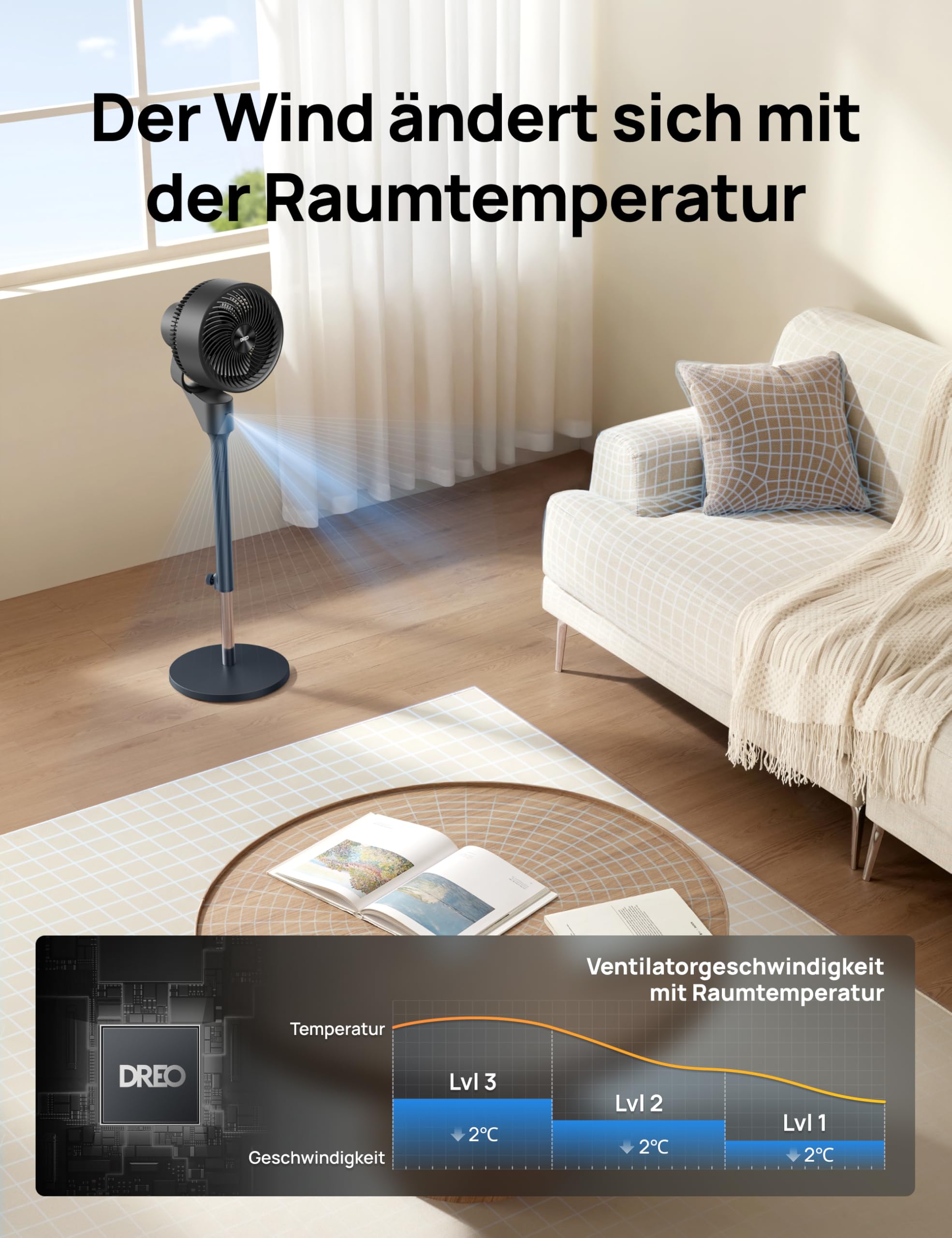 DREO Ventilator für Schlafzimmer, 80° oszillierender Standventilator, 20dB leise, 24m Reichweite, 90° manuelle vertikale Neigung, 3 Stufen, Fernbedienung, 86–104 cm höhenverstellbar, Luftzirkulator