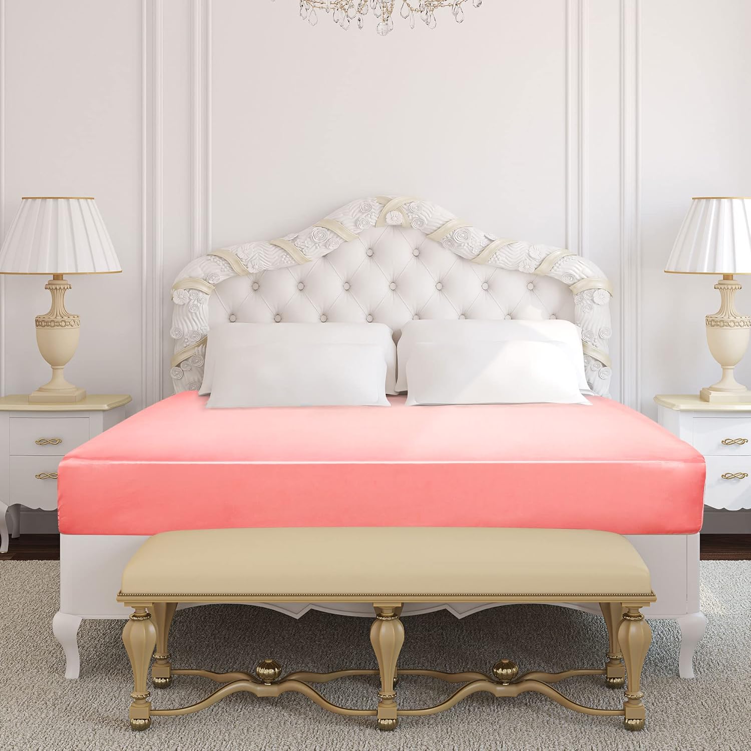 uxcell Full Fitted Sheet Only - Satin Silky Mattress Protector, 12" Deep Pocket Bed Mattress Cover - Soft and Breathable Satin Pink Fitted Bed Sheets,74"x54"