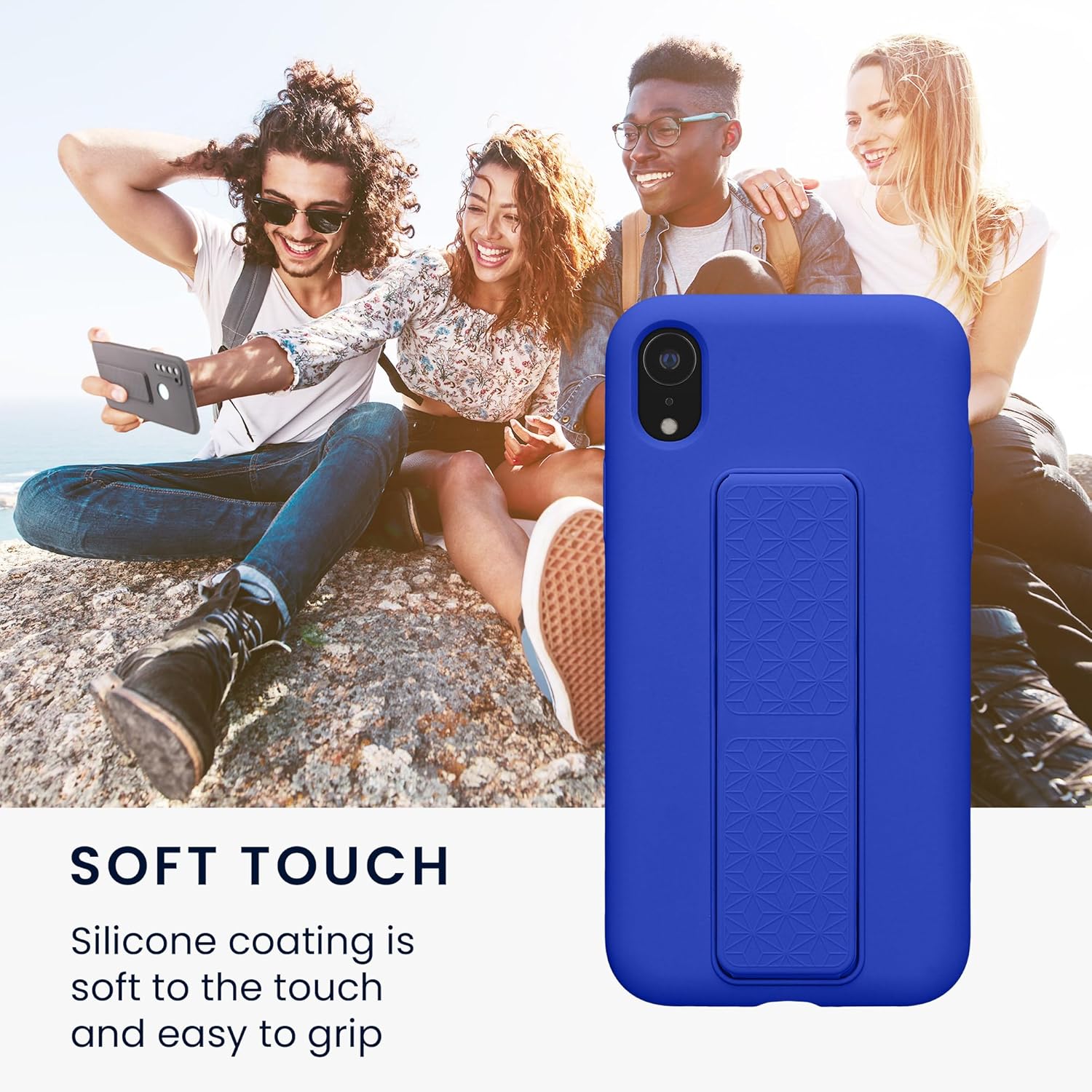 kwmobile Case Compatible with Apple iPhone XR - Case with Hand Strap and Stand Soft TPU Silicone Coating - Baltic Blue - Image 5