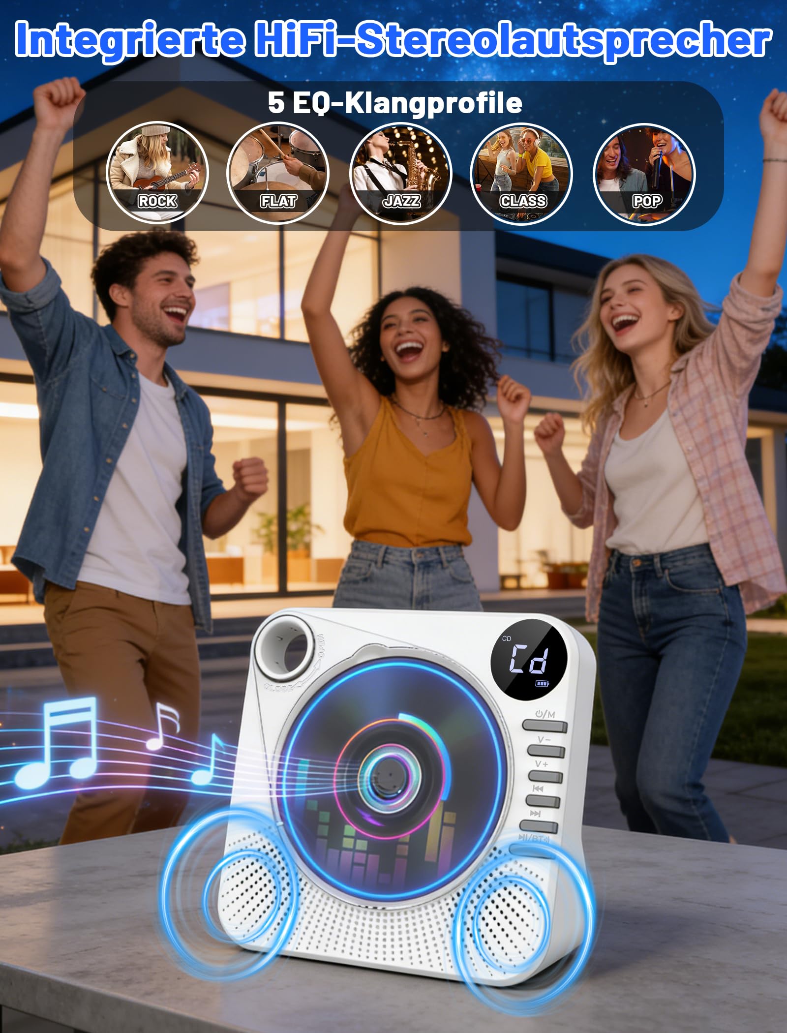 Tragbarer CD-Player 4000mAh Wiederaufladbar, Bluetooth 5.1 mit Stereo-Lautsprechern, Fernbedienung, Staubschutz-Schiebedeckel, Anti-Skip, AUX/USB, CD Spieler für Zuhause & Unterwegs - Weiß
