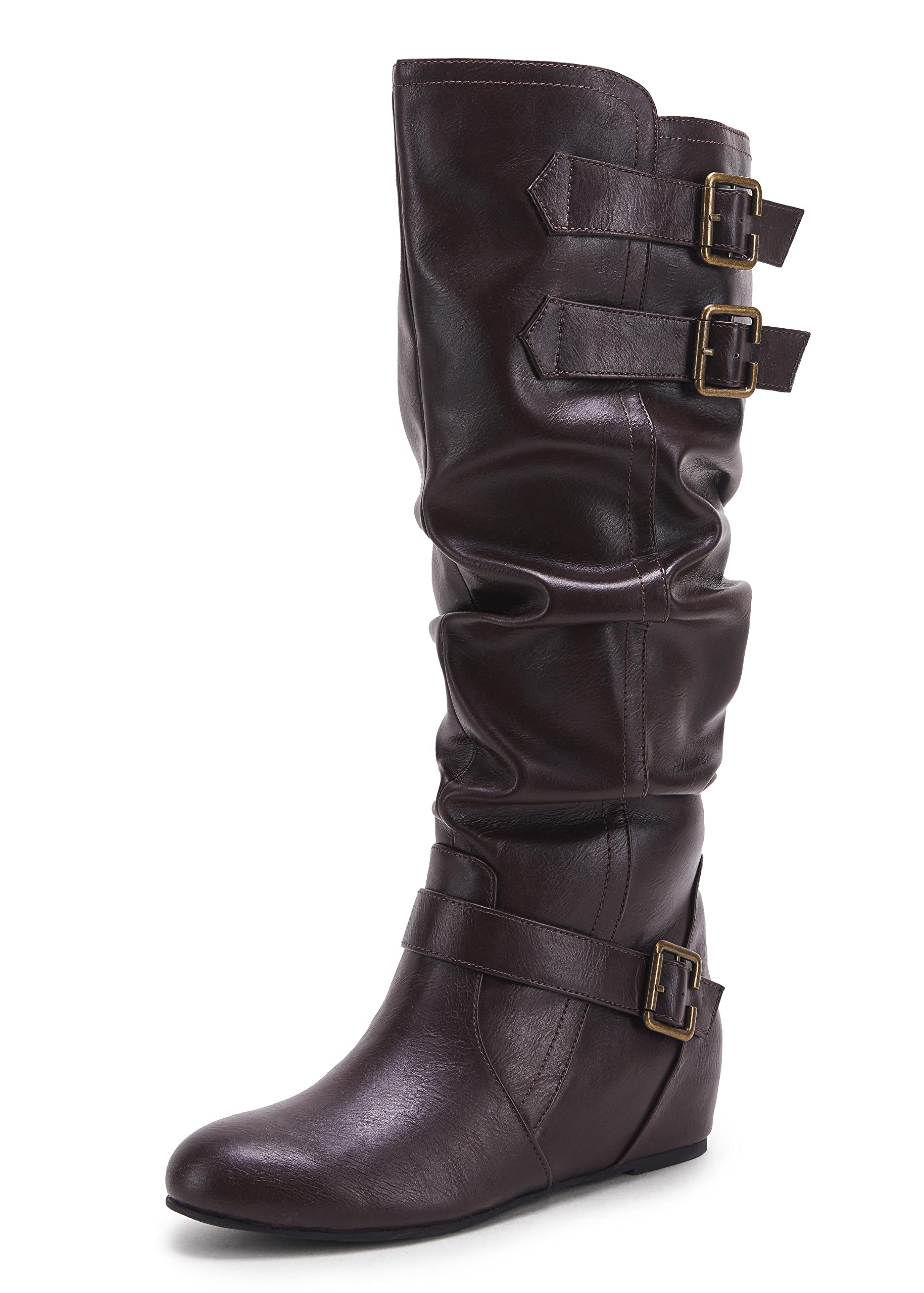 Coutgo Womens Slouched Knee High Boots Wide Calf Pull On Buckle Flat
